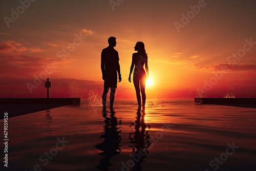 Silhouette of a man and a woman standing at the edge of a swimming pool at sunset, Silhouette of man and woman standing in swimming pool at beautiful sunset, AI Generated