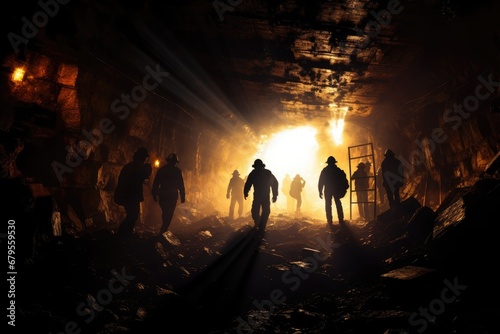 Silhouette of a group of unknown people standing in a dark underground tunnel. Selective focus, Silhouette of Miners with headlamps entering underground coal mine, AI Generated