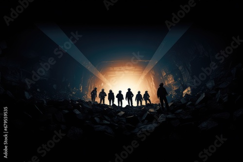 Silhouettes of people standing in a tunnel. 3d rendering, Silhouette of Miners with headlamps entering underground coal mine, AI Generated