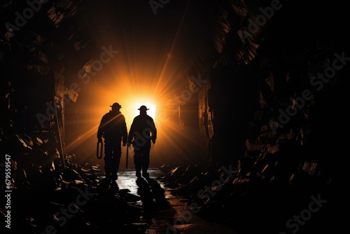 Silhouette of two men walking in the dark underground tunnel, Silhouette of Miners with headlamps entering underground coal mine, AI Generated