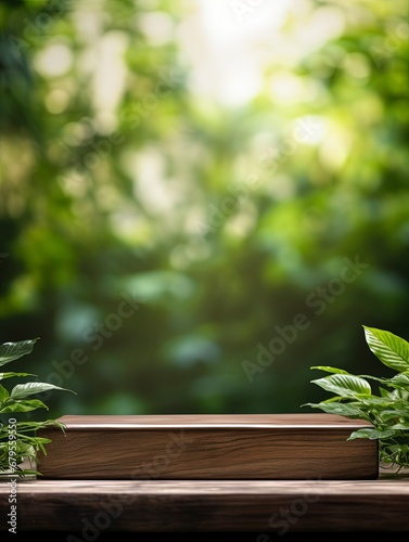 Wooden product display podium with blurred nature leaves background. copy space  generative ai