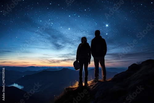 Silhouette of a man and woman on top of a mountain at night, Silhouette of young couple hiker were standing at the top of the mountain looking at the stars and Milky Way, AI Generated