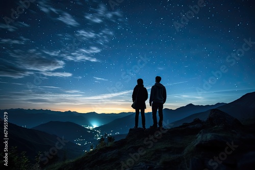 Silhouette of couple standing on top of mountain and looking at the starry sky, Silhouette of young couple hiker were standing at the top of the mountain looking, AI Generated