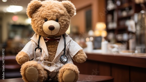    Teddy bear doctor with a stethoscope in a fuzzy setting. photo