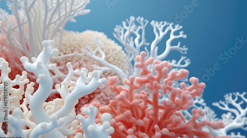 Macro close-up of minimalistic beautiful natural blue corals, 3d render illustration style. Wallpaper coral texture under water. Marine exotic abstract background. 