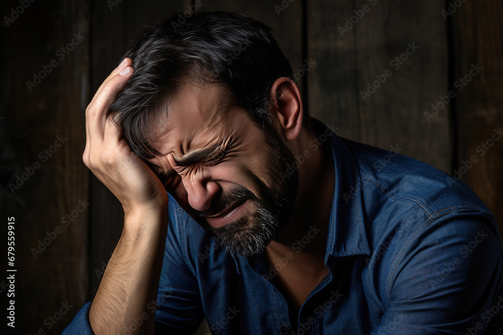 Headache Attack: Man Clutching His Temples in Pain Headache Attack: Man Clutching His Temples in Pain