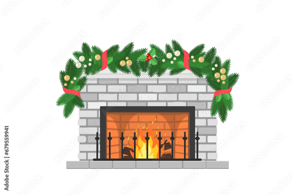 Cute white brick fireplace decorated with Christmas garland, isolated on white background. Interior concept for house. Cartoon flat style. Vector illustration Cute white brick fireplace decorated with Christmas garland, isolated on white background. Interior concept for house. Cartoon flat style. Vector illustration