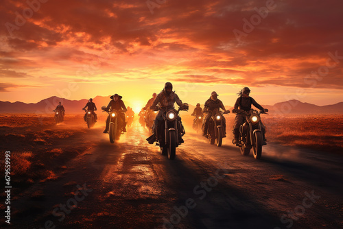 group of motorcycle riders riding toghether at sunset photo