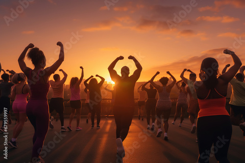group of diverse people exercise while the sun is rise