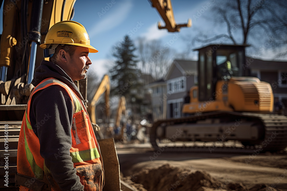 construction worker wearing safety gear while operating heavy machinery on a residential site construction worker wearing safety gear while operating heavy machinery on a residential site
