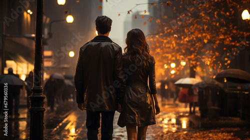 Back view of young couple walking in modern city.
