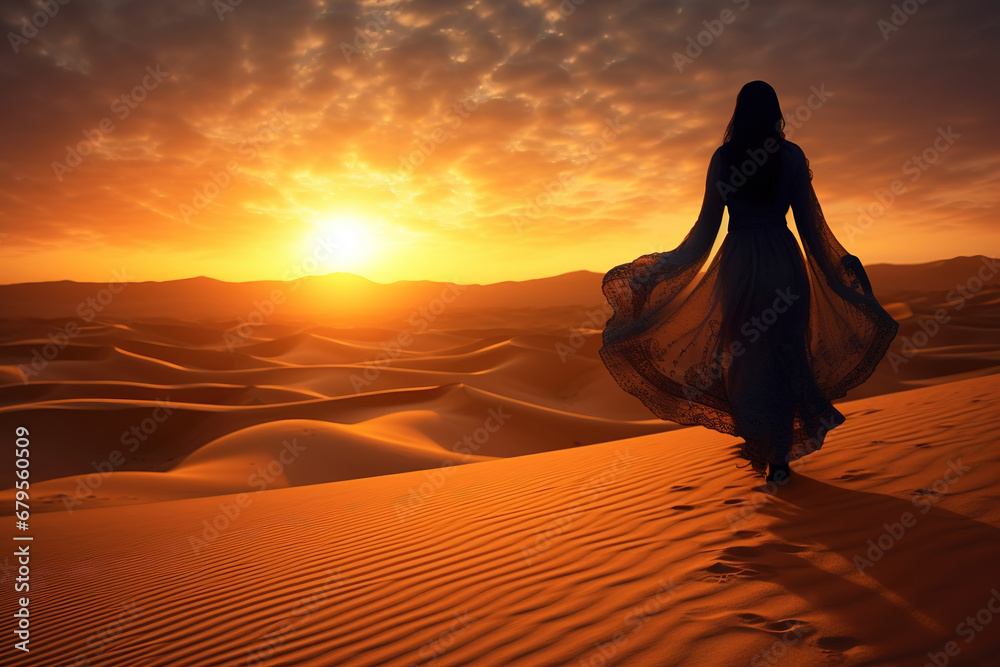 Arabian woman in the desert at sunset travel conception