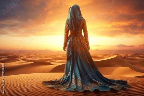 Arabian woman in the desert at sunset travel conception photo