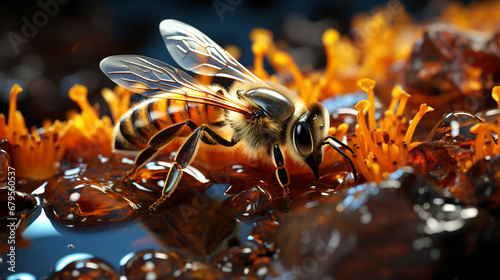 Bee on honey. Closeup view. © andranik123