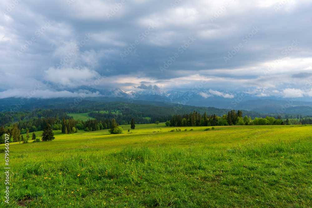 Dark clouds and rain storm over the rice field, rainy season in Tatras mountain poland
