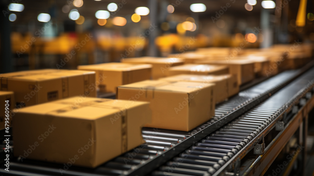 Cardboard box packages on a conveyor belt. Cardboard box packages on a conveyor belt.