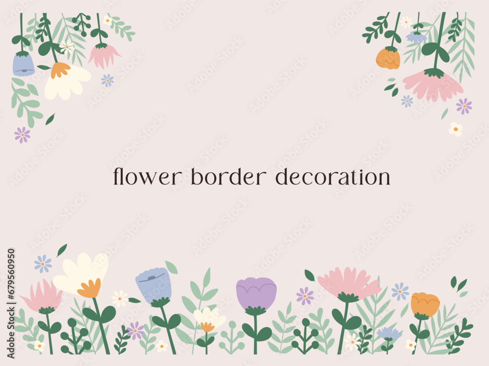 Hand drawn vector illustration of cute wild flowers border, corner and frame. Valentine, birthday, present, mother's day theme. Spring blossom flowers. For card, sticker, invitation, social media