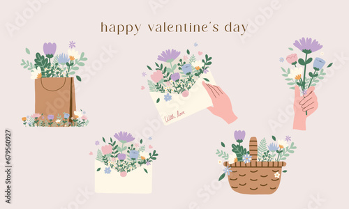 Hand drawn vector illustration of cute wild flowers in basket, bag, envelop, hand. Valentine, birthday, present, mother's day theme. Spring blossom flowers. For card, sticker, invitation, social media
