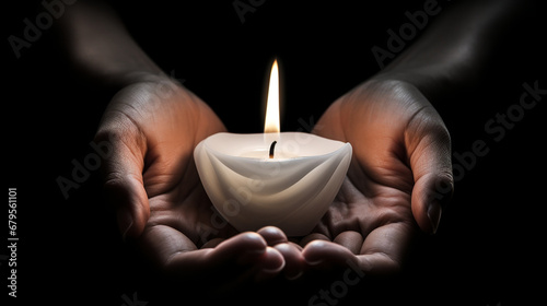 close-up burning candle in hands photo