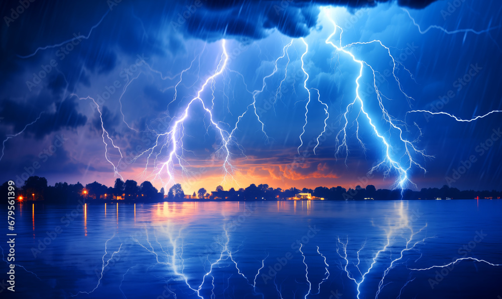 Thunderstorm over the city and the lake at night, abstract background.