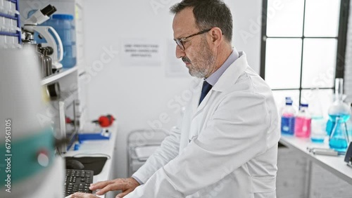 Wallpaper Mural Middle age grey-haired scientist man suffering a backache, toiling over pressing lab work on computer Torontodigital.ca