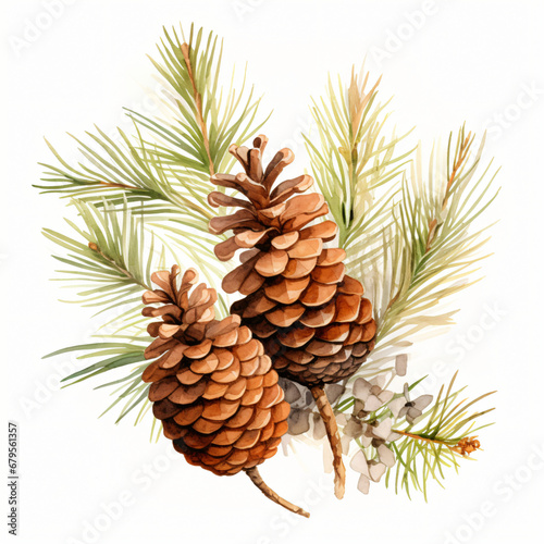 Watercolor of pine cones and leaf in autumn season isolated on white background