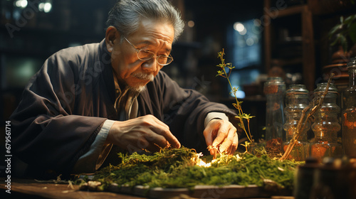 Elderly chinese man preparing herbal remedies. photo
