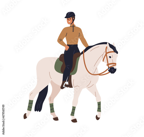 Horseriding. Equine rider riding horseback. Equestrian, horseman during walk, stroll. Happy human on stallion, steed, sitting in saddle. Flat vector illustration isolated on white background
