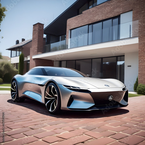 a futuristic sports car in front of a modern luxurious house