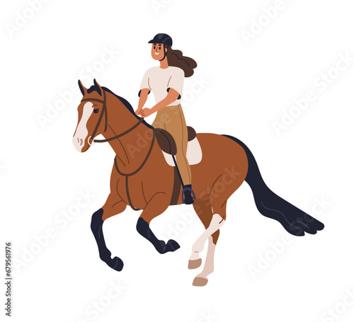 Horse, equine rider, riding horseback. Happy woman, girl equestrian on galloping stallion. Horseriding activity. Horsewoman training. Flat graphic vector illustration isolated on white background © Good Studio