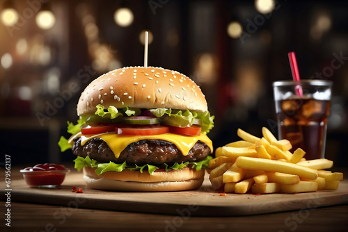 Delicious hamburger with cheese, tomatoes, lettuce, and gherkins, together with fries and cola, on a wooden plate in a cozy restaurant.