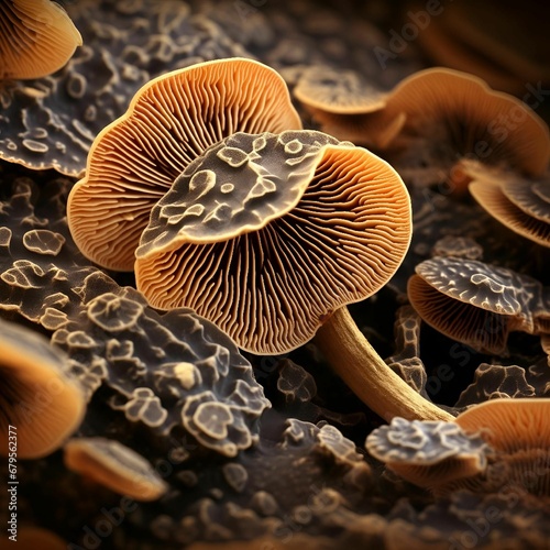 AI illustration of a macro shot of a collection of mushrooms.