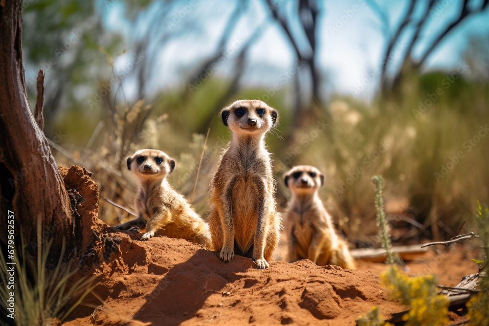 Meerkat family watchful and look curiously in the desert grassland, midday. Meerkat family watchful and look curiously in the desert grassland, midday.