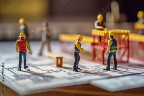 Minature model figurine of engineer foreman and workers working at construction site, construction industry and real estate development concept.