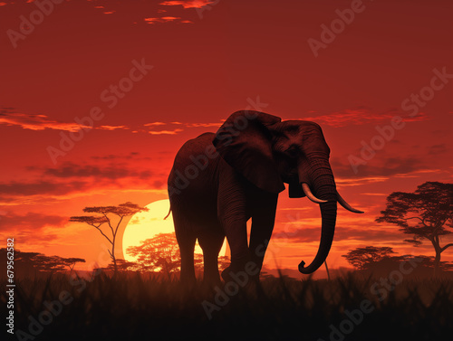 Abstract silhouette of an elephant walking through a grass field at night. Night scenery. Illustration.