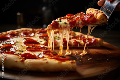 Serving a slice of delicious pepperoni pizza with stretchy cheese using pizza serving spoon. photo