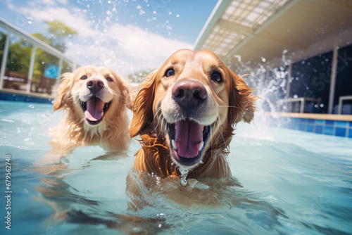 Two cute Golden retriever dogs enjoy playing in pet friendly hotel swimming pool on vacation.