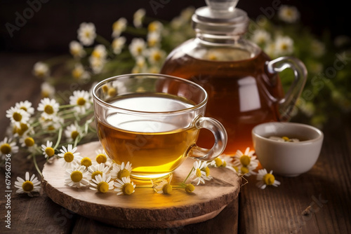 A cup of hot camomile tea with glass teapot and camomile flowers on rustic wooden table.