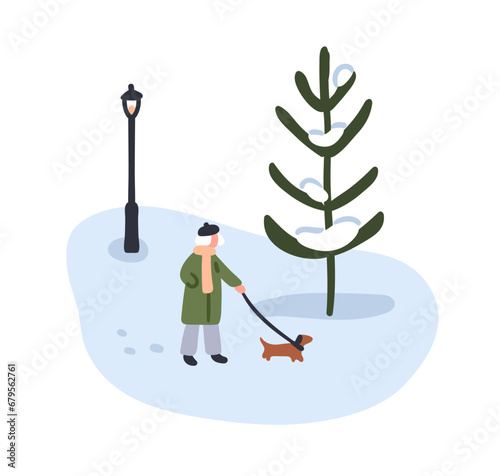 Woman walking with dog on winter holiday. Old senior lady strolling outdoors,...