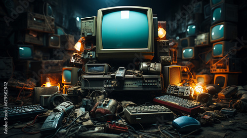 Many old discarded electronics. photo