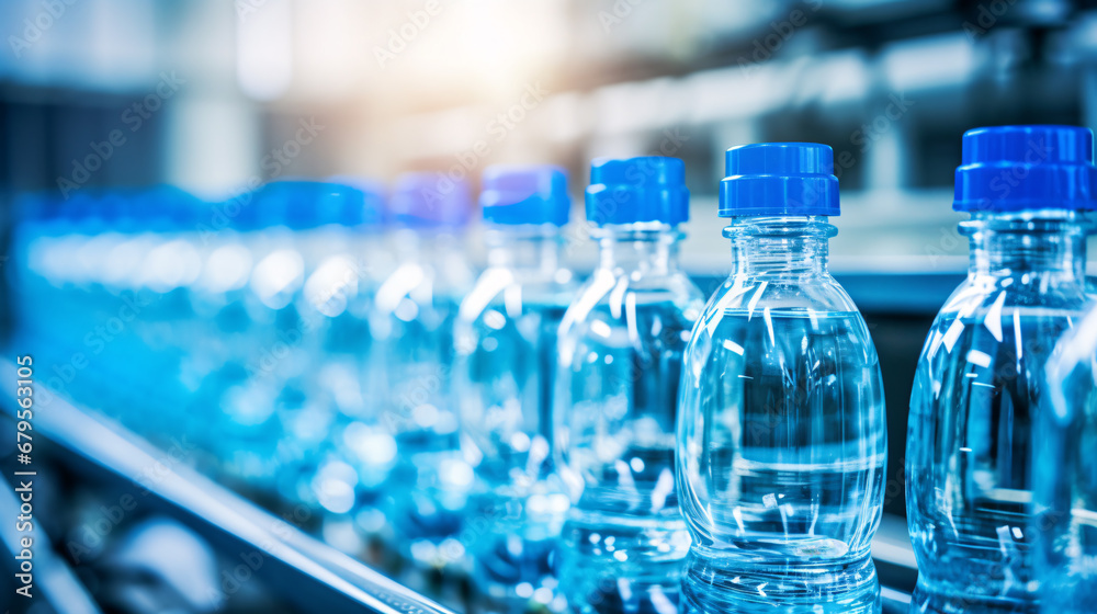 Drinking water production line in factory, a row of drinking water in plastic bottles in close up shot. Drinking water production line in factory, a row of drinking water in plastic bottles in close up shot.