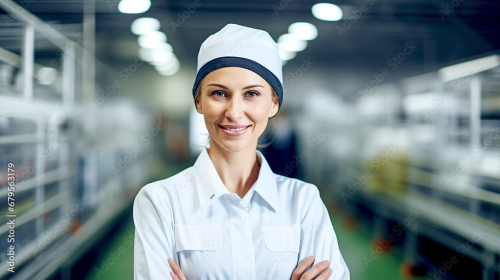 SMILING BUSINESS WOMAN MANAGER OF A FOOD ENTERPRISE CONTROLS THE PRODUCTION PROCESS. legal AI SMILING BUSINESS WOMAN MANAGER OF A FOOD ENTERPRISE CONTROLS THE PRODUCTION PROCESS. legal AI
