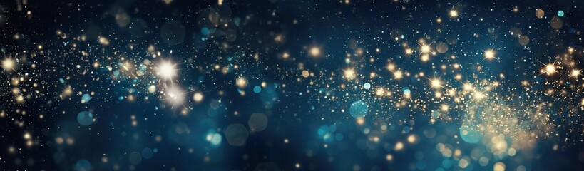 Festive starry sky background with blue light bokeh. New year and Christmas concept