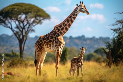 Giraffe mother and baby in grassland savanna day time  tallest animal in the world.