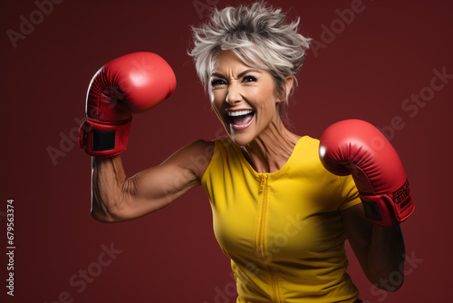 Happy sporty senior woman wearing boxing gloves, eldery fitness and healthy lifestyle concept. photo
