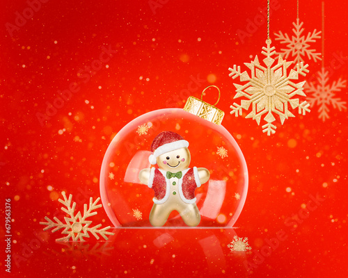 Christmas decorations on the light red background.