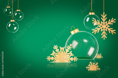 Christmas ornaments green background. Copy space