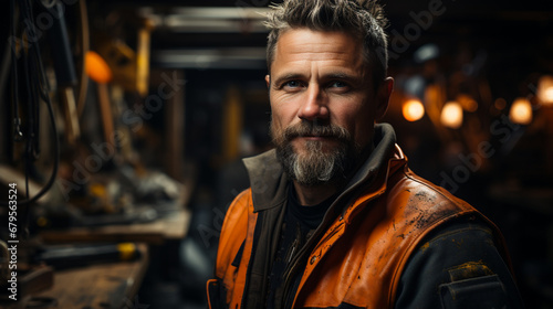 Portrait of a carpenter standing in a workshop. © andranik123
