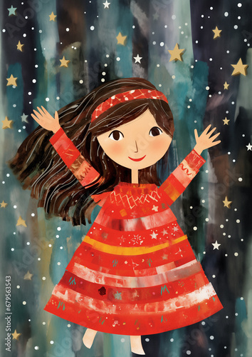 Girl in her bright red knitted Christmas jersey filled with merry joy and happiness, loving the warmth and peace of the winter holiday season - greeting card cover or children's Xmas book concept.