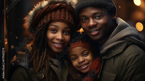 Portrait of african american family at winter clothes.